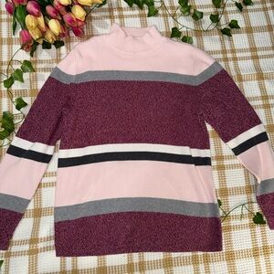 Karen Scott Striped Mock Neck Sweater in Pink, Plum & Gray